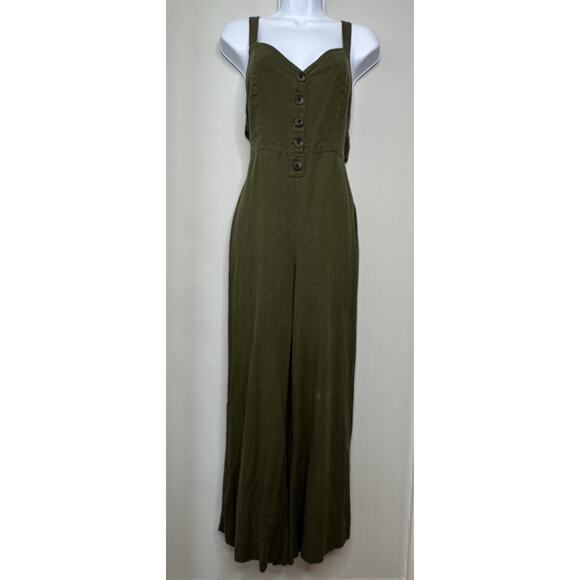 URBAN OUTFITTERS Wide Leg Linen Jumpsuit S Olive Green Tie Back Vest Fit Boho - Picture 1 of 16